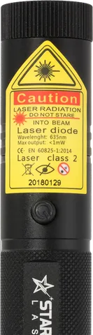 Starlight R1 Pro rode laserpen – close-up van het waarschuwingslabel met de laserklasse