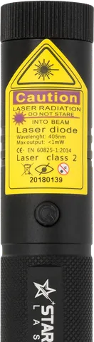Starlight V1 Pro violet laserpen – close-up van het waarschuwingslabel met de laserklasse